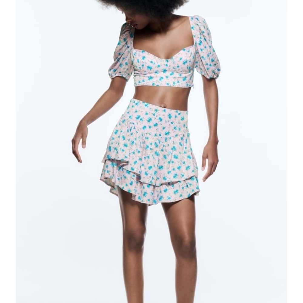 Zara Floral Satin Effect Mini Skirt NWT